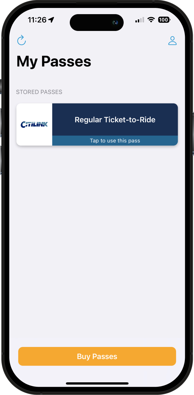 A phone screen showing a Citilink bus pass on the "My Passes" screen of the Token Transit app